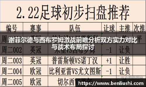 谢菲尔德与西布罗姆激战前瞻分析双方实力对比与战术布局探讨